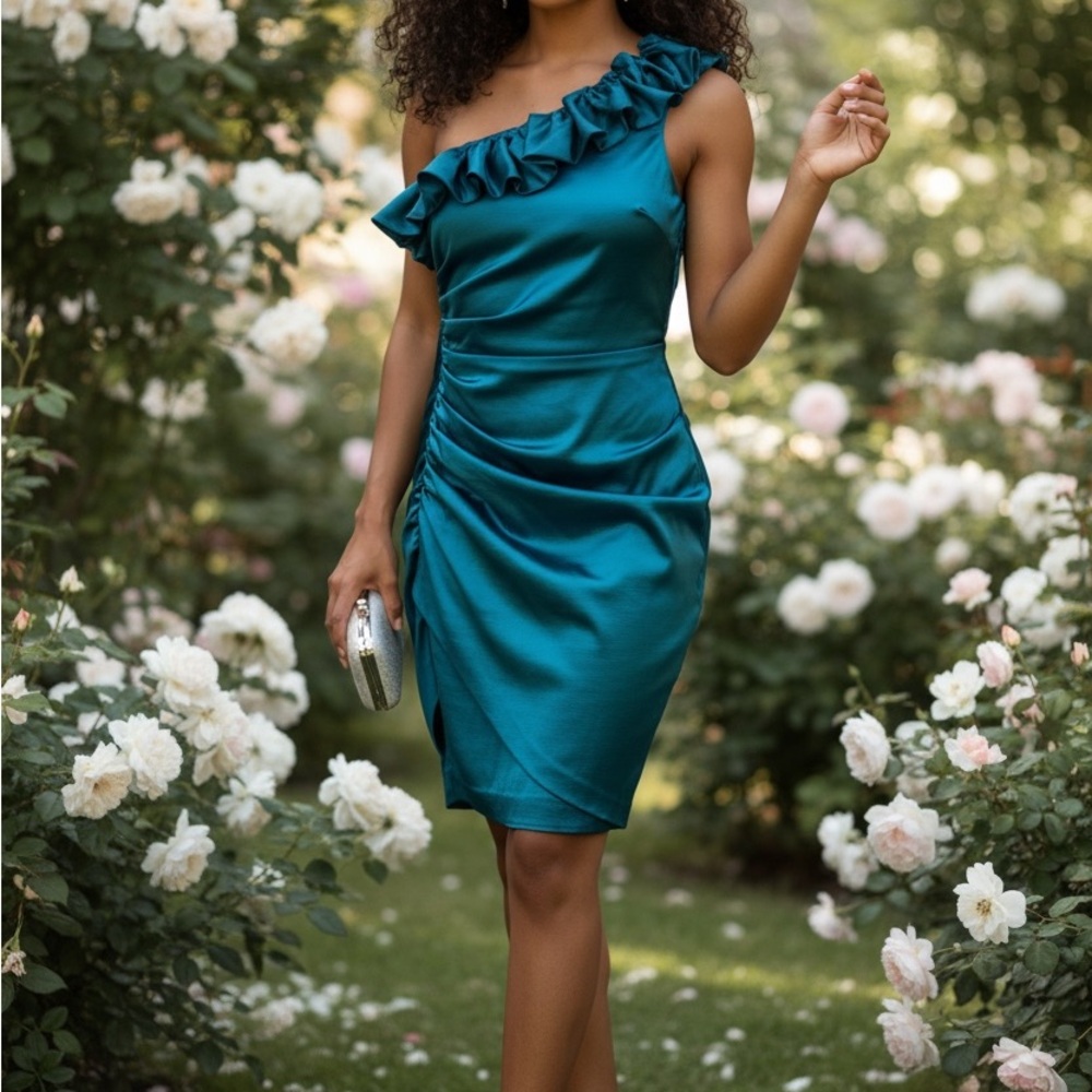 Teal One-Shoulder Ruffle Dress